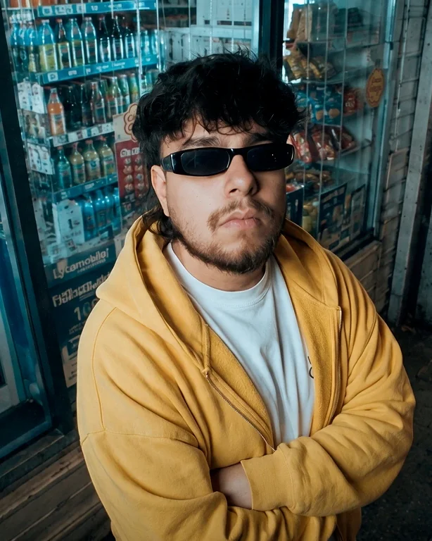 Raunak Singh Bhogal, arms crossed, in a yellow hoodie outside a corner shop at night