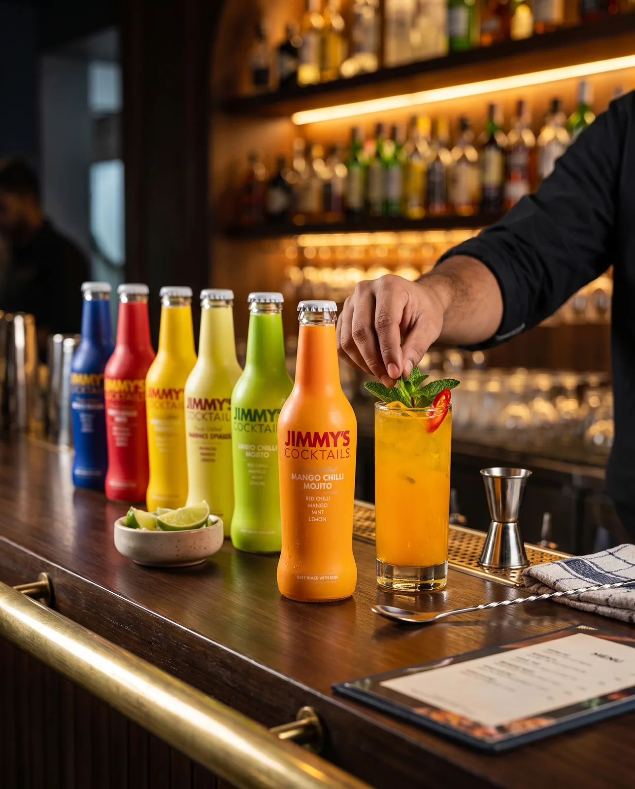 A row of Jimmy's Cocktails bottles on a bar counter
