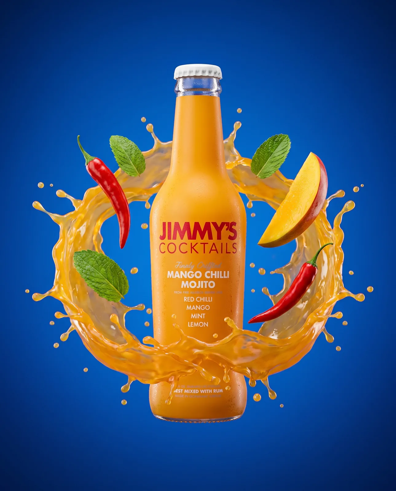 Jimmy's Cocktails mango chilli bottle in a ring of juice splash on cobalt