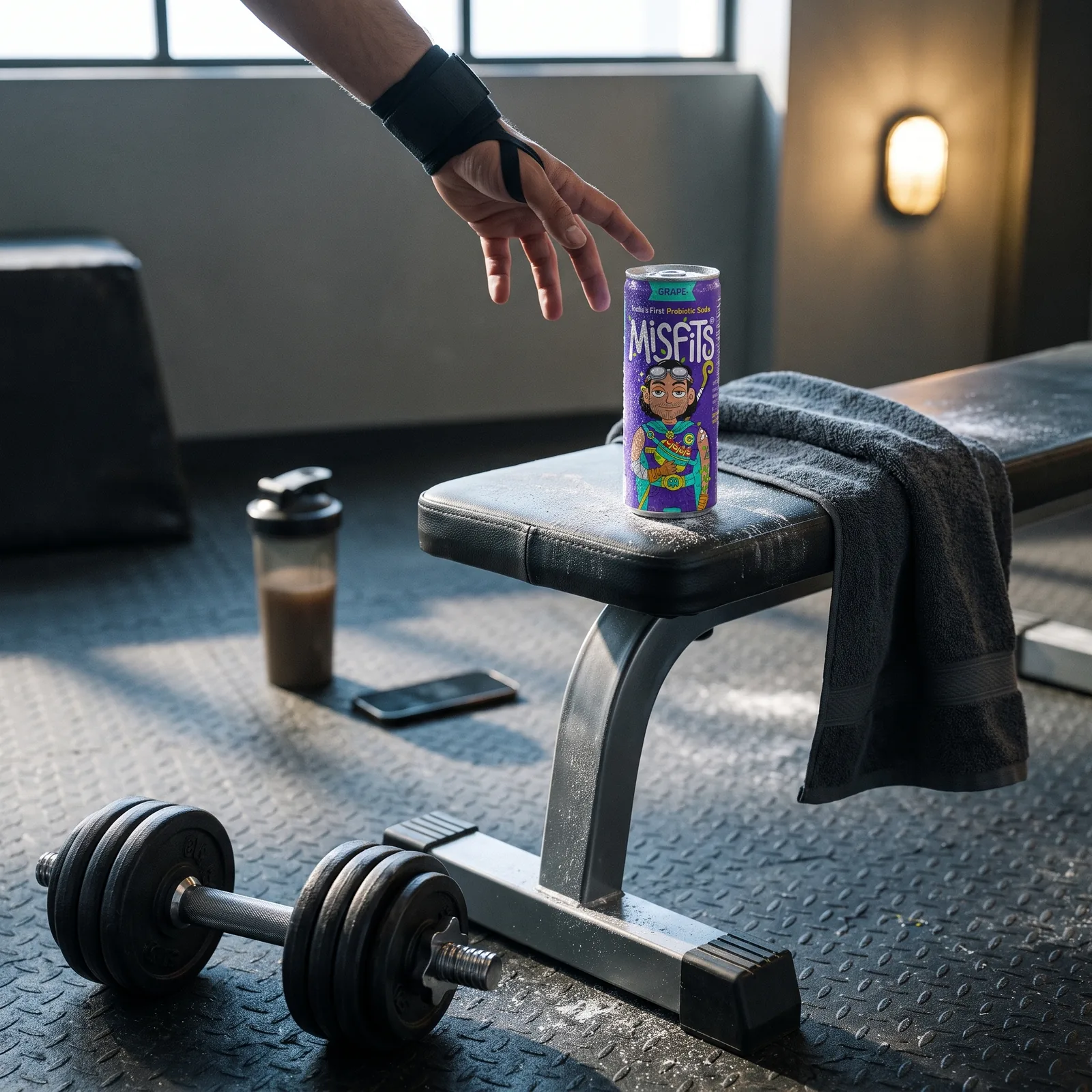 Misfits grape can on a gym bench