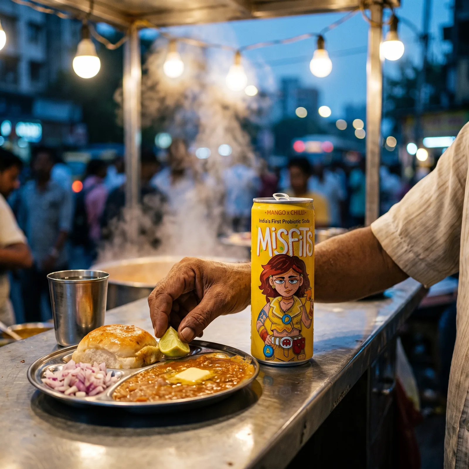 Misfits can beside a street-food stall at night