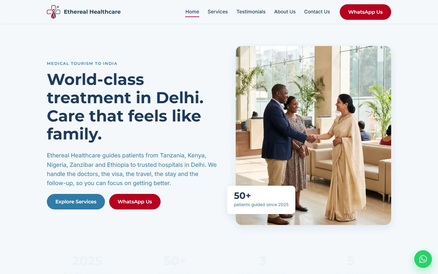 Ethereal Healthcare homepage: a hero that reads World-class treatment in Delhi, with a WhatsApp call to action